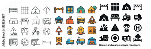 Search and rescue icons set – flat, emergency and safety zone symbols