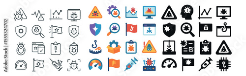 Virus and malware alert icons set – outline, cybersecurity and protection symbols
