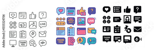 Social media and communication icons set – linear, chat and interaction symbols