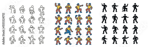 Dance and movement icons set – outline, silhouette and vibrant activity symbols
