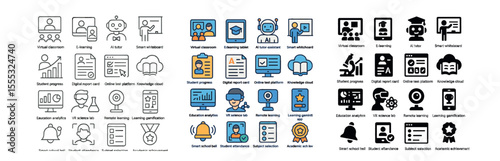 Education and learning icons set – flat style, digital study and e-learning symbols