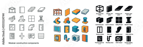 Modular construction components icons set – outline, building and architecture symbols