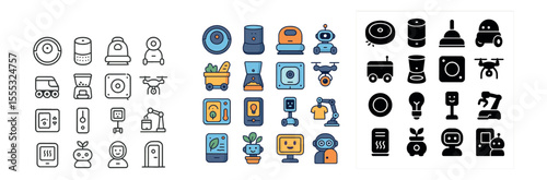 Smart home devices icons set – flat, tech gadgets and automation symbols
