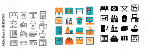 Pet care icons set – silhouette, veterinary and grooming symbol designs