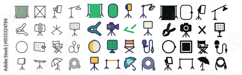 Photography and film equipment icons set – line, camera and studio essentials
