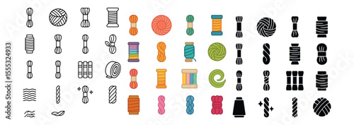 Yarn and sewing icons set – flat, craft and textile design symbols for creativity
