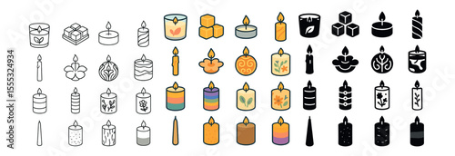 Candle and light icons set – outline, wax and flame symbols for design projects
