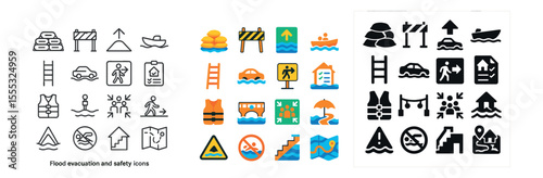 Flood evacuation and safety icons set – flat design, emergency and rescue symbols
