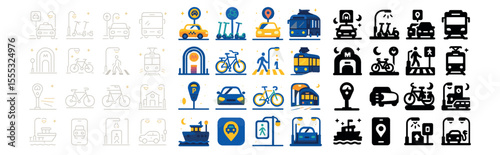 Transportation and mobility icons set – flat, travel and commuter signage symbols