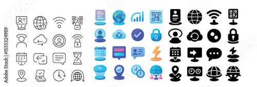 Technology and communication icons set – linear, digital and network symbols