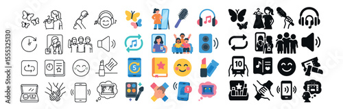 Communication and music icons set – outline, audio and social symbols for digital media