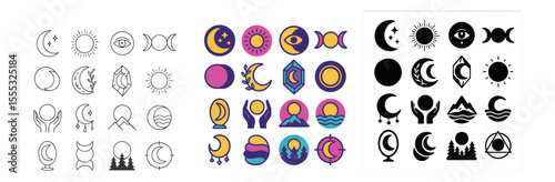 Celestial and mystical outline icons set – flat, moon and astrology symbol collection