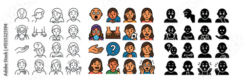Emotions and gestures icons set – outline, expressive and hand symbols for design