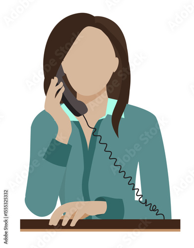Woman at a desk, talking on a landline phone, faceless. Wears a comfortable cardigan with straight hair. The setting could be an office or reception area. This illustration conveys approachability.