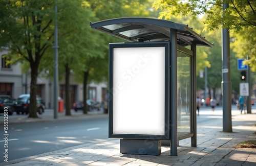 Advertising banner at public transport stop. Empty white display for commercial message, brand promo on street. Advertisement mockup in urban environment. City transportation, information, marketing