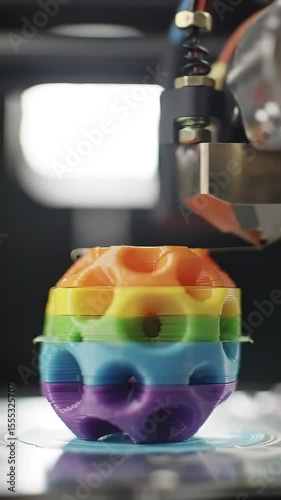 Precision 3D Printing: A printer nozzle meticulously constructs a vibrant, intricate object, adding colorful layers with painstaking accuracy.
