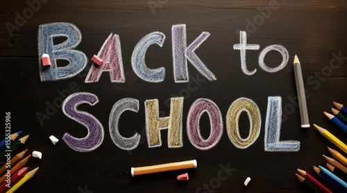 Back to school chalkboard. Colored pencils around.