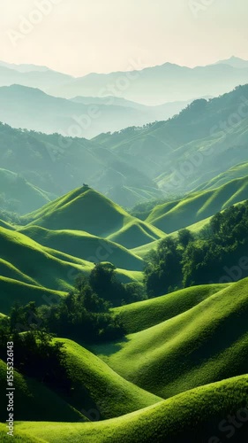 Breathtaking Lush Green Rolling Hills With Misty Mountain Layers In Peaceful Nature Scenic Countryside Landscape

