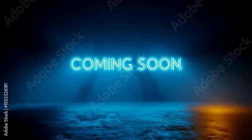 Coming soon text. Blue neon on dark background.