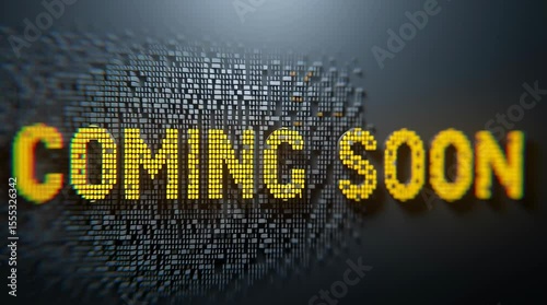 Coming soon message. Yellow pixels form glowing text.