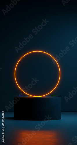 A glowing orange neon circle hovers above a dark cylindrical platform in a minimalist 3d render