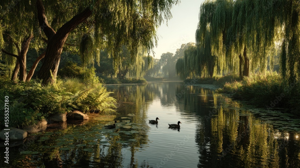Fototapeta premium Serene Pond at Dawn: Weeping Willows and Ducks