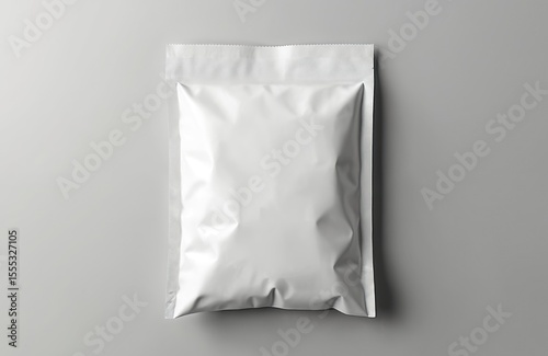 Blank white poly mailer bag isolated on grey background. Empty mailer envelope, plastic packaging for postal delivery service, shipping, e-commerce. Template mock up, product design. Minimalist.