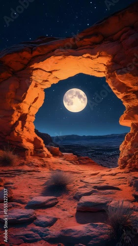 Stunning Full Moon Rising Behind Natural Sandstone Arch In Desert Landscape Under Starry Night Sky Creating Magical Scene

