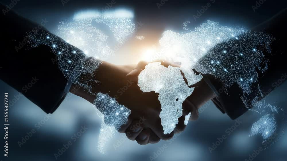 Business handshake with glowing digital world map overlay, symbolic motion video in dark blue and white tones, representing global partnership, international deals, and networking for fintech branding