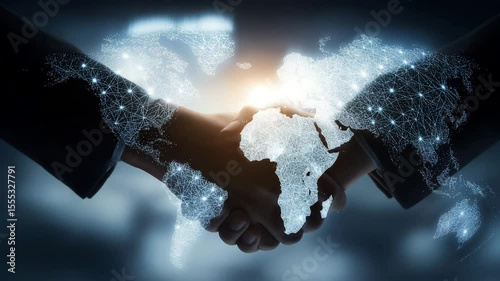 Business handshake with glowing digital world map overlay, symbolic motion video in dark blue and white tones, representing global partnership, international deals, and networking for fintech branding