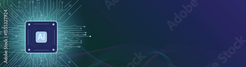 Futuristic AI processor surrounded by circuit lines and colorful waves, ideal for technology visuals
