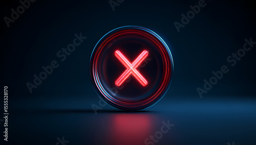A red neon x glows inside a dark metallic circle in a sleek 3d render