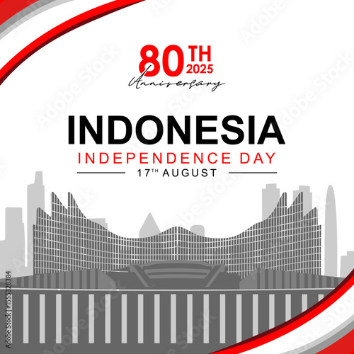 80th Indonesia Independence Day banner with white and red ribbons elements and silhouette of Gedung Nusantara in IKN. Not AI Generated.