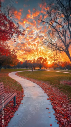 Peaceful Park Path With Autumn Leaves And Wooden Bench Under Dramatic Fiery Sunset Sky Creating Serene Evening Scene

