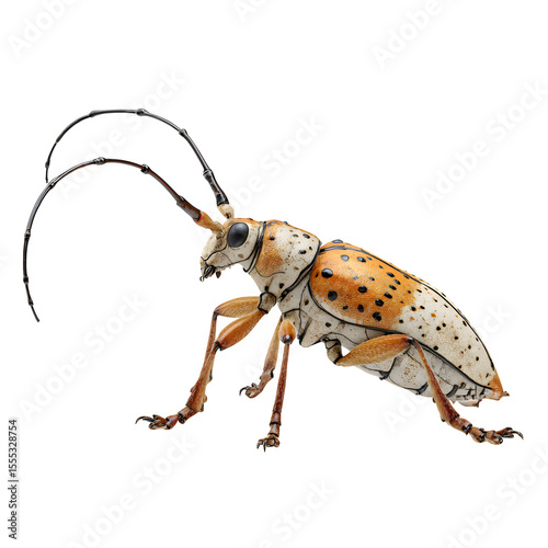 Longhorn beetle side view with extra-long curved antennae, spotted elytra with matte shell texture, studio-style render, 8K PNG transparent background