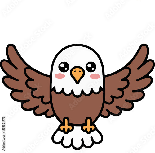 Illustration of a cartoon eagle with brown wings and a white head on a cream colored background