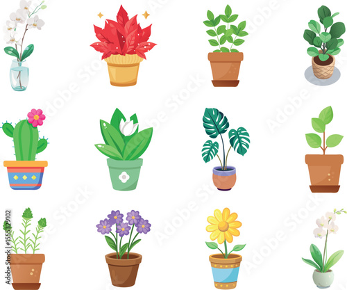 set of vector plants in pots icons 