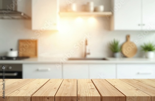 Wooden table top with modern kitchen blur background. Kitchen design with counter, wooden surface, texture, grain. Home interior, bright, sunny morning, roomy space. Ideal for product presentation,