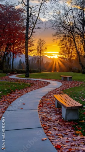 Curved Park Path With Benches And Fallen Autumn Leaves Under Stunning Sunset Light Creating Peaceful And Relaxing Scene

