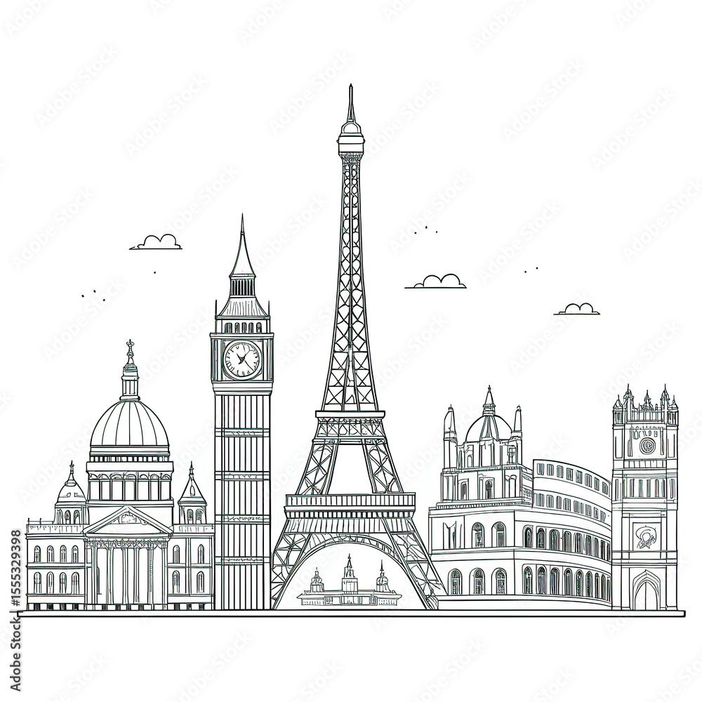 Obraz premium Black and White Line Art Skyline of European Cities - Travel Landmark Illustration