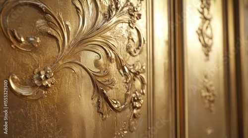 Close up of ornate gold leaf panel with floral and leaf carvings in a classical style design