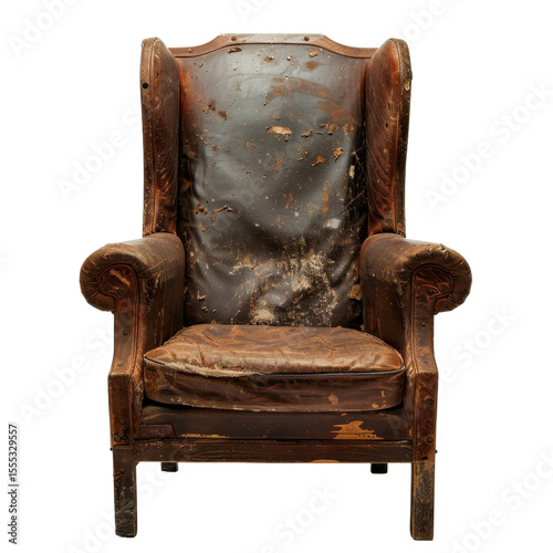 Antique armchair with worn leather seat and distressed wooden frame, showcasing its vintage charm and character