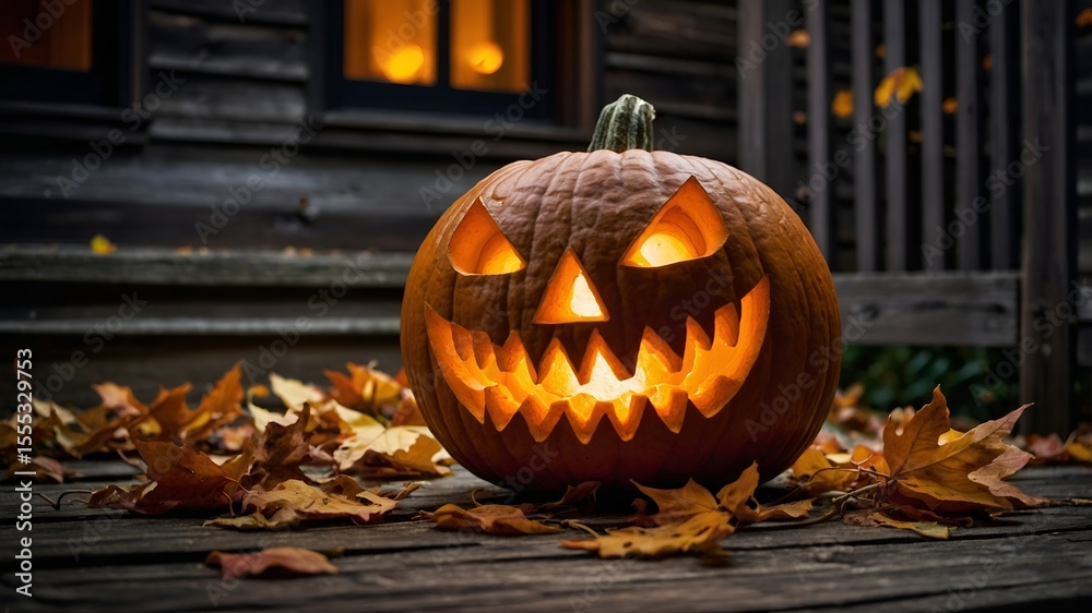 Obraz premium Dusk scene: glowing carved pumpkin amidst autumn leaves on a wooden porch. Photorealistic, warm light.