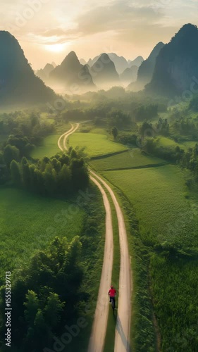 Winding Country Road Through Lush Green Fields And Misty Mountains Under Soft Sunrise Light Creating Peaceful Scenic View

