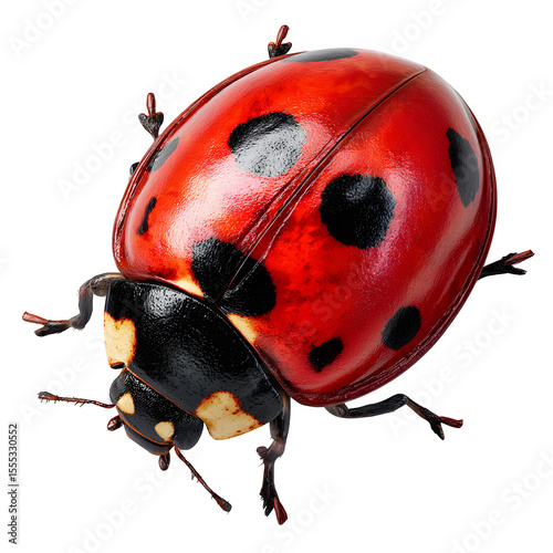 Realistic ladybug crawling upward, bright red elytra with high contrast black dots, soft shadow beneath, minimal background for clean composition, 8K transparent PNG