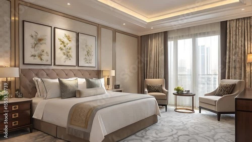 Interior of a luxurious bedroom with a large bed, armchairs, and floral artwork on the wall