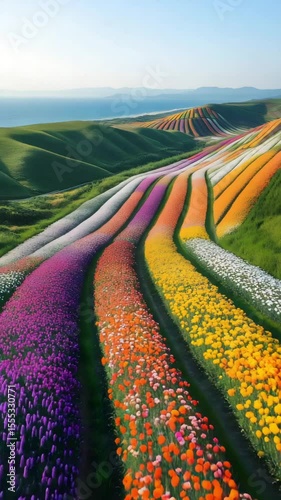Colorful Flower Fields In Bloom Spreading Over Rolling Green Hills Under Clear Blue Sky Creating Stunning Spring Landscape

