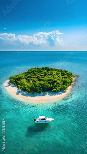 Small Tropical Island With White Sandy Beach And Green Palm Trees Surrounded By Crystal Clear Turquoise Ocean Water

