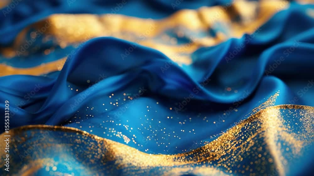 A close-up view of a blue fabric background with metallic gold glitter specks, showcasing its sparkling texture.