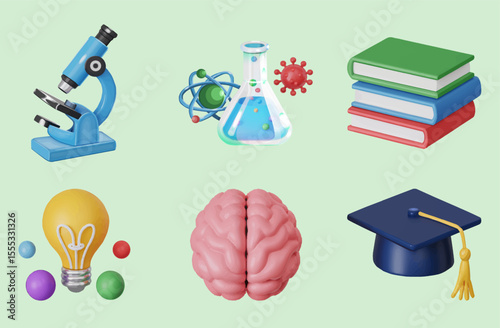 A set of 3D vector icons on scientific and medical topics consisting of a microscope, a test tube with an atom and a virus, a stack of textbooks, a lamp, a brain and an academic hat. EPS.